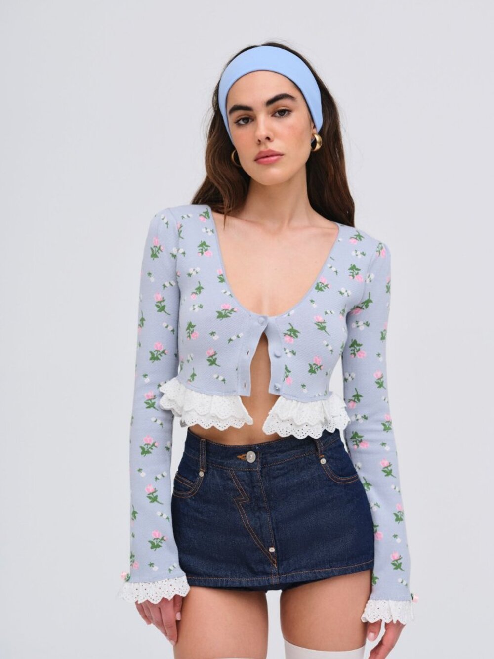 For Love & Lemons Amalia Knit Cardigan | Blue Gray | S | NWT